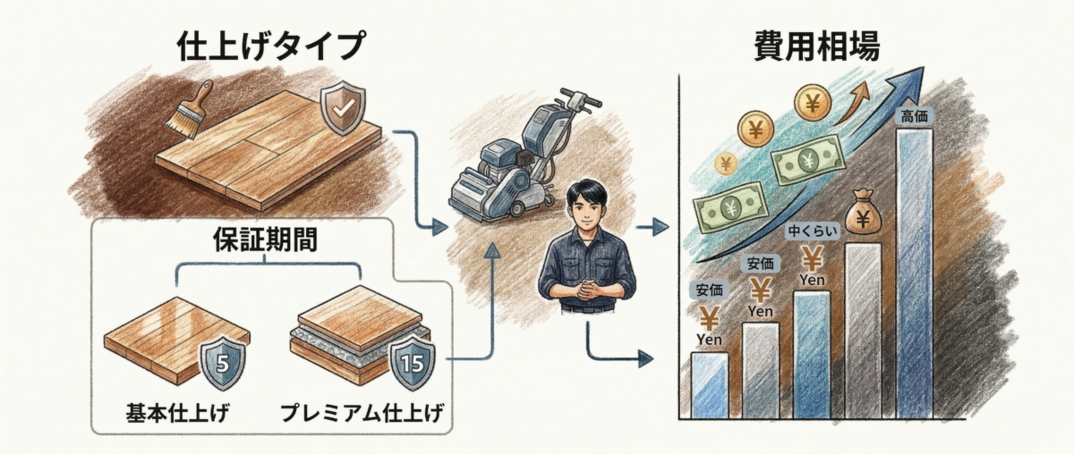 フロアサンディングの仕上げ種別と費用相場を示す無垢フローリングのイメージ