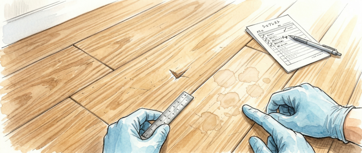 無垢床のへこみや染みの深さを確認する施工前チェックのイメージ