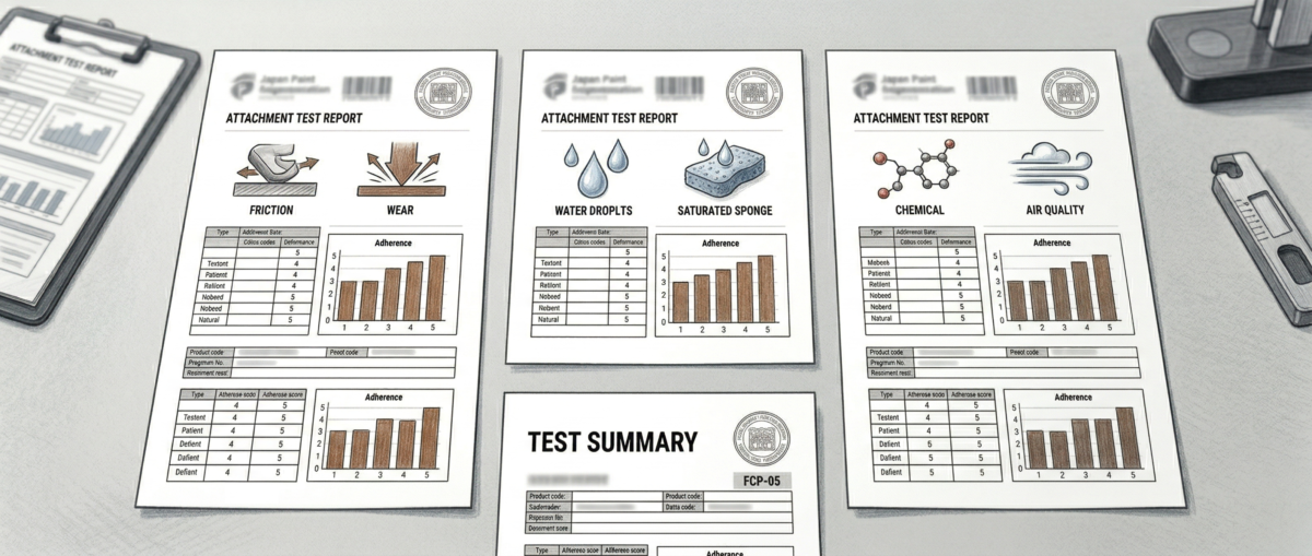 フロアコーティングの耐摩耗性・耐水性・VOC試験書類が並ぶイメージ