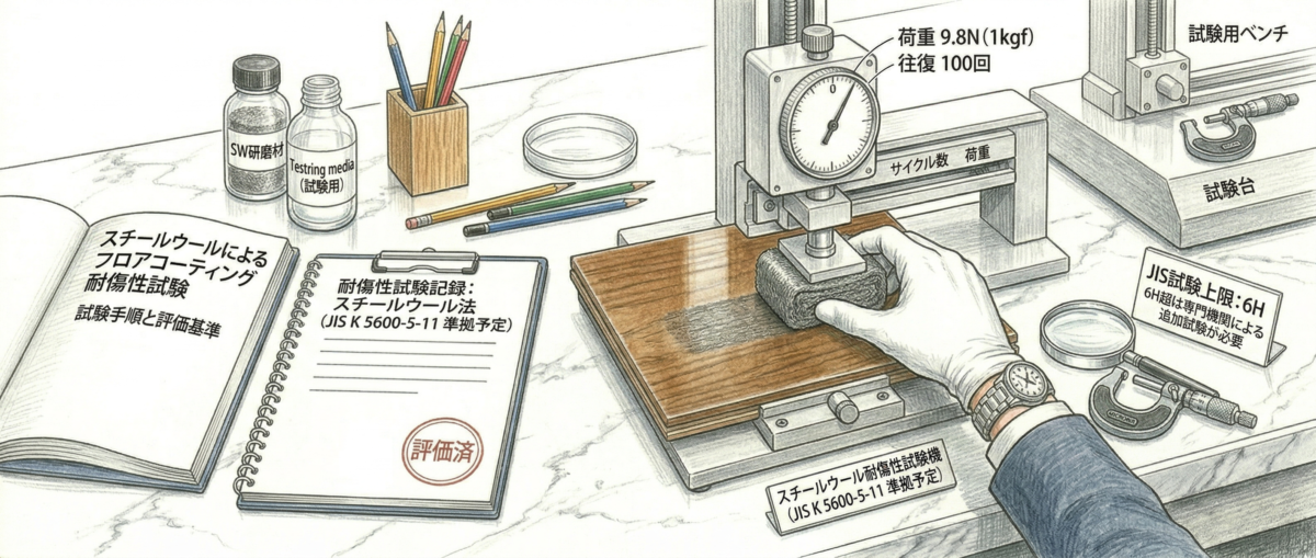スチールウールを用いてフロアコーティング表面の耐傷性を測定している様子