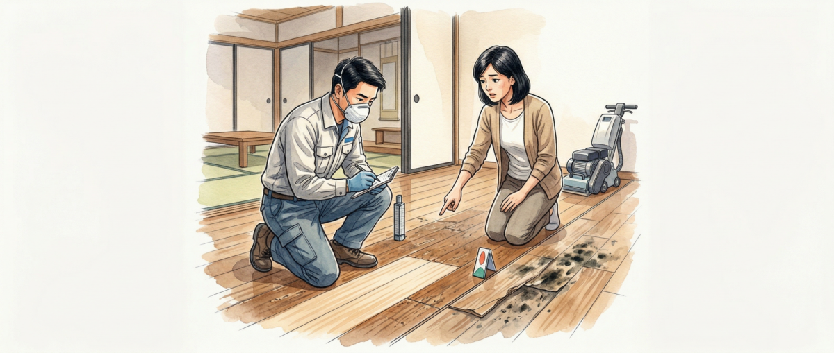 フロアサンディング施工業者との打ち合わせシーン。チェックリストを確認しながら説明を受ける様子