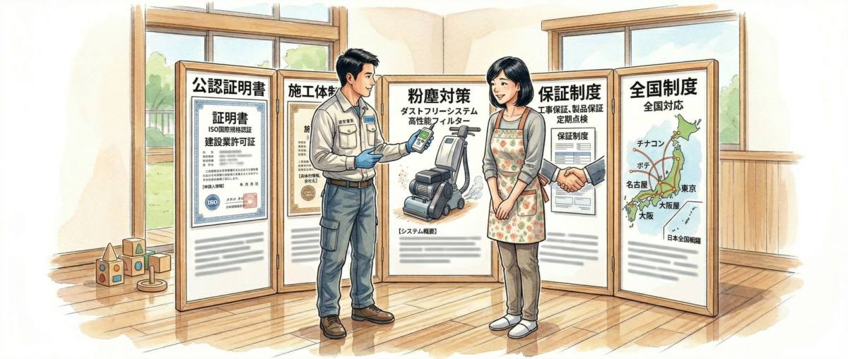 保育園の無垢フローリングにBONAダストフリーサンディングを施工している作業シーン