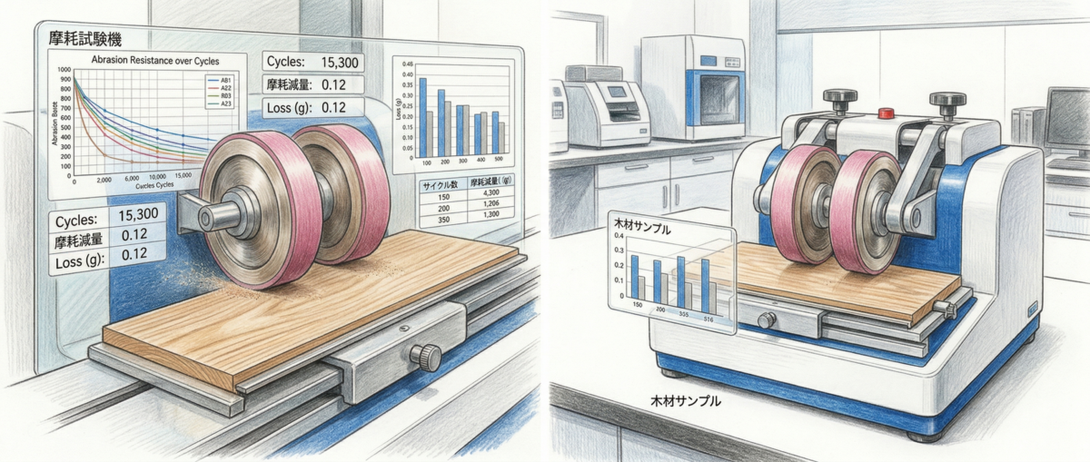 テーバー摩耗試験機でフロアコーティング塗膜の耐摩耗性を測定している様子