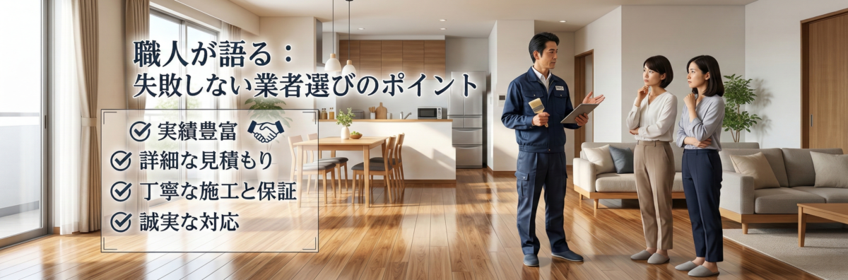 日差しの差し込む広いリビングで、タブレットを見ながら業者選びのポイントを解説する専門の職人と、説明を聞く日本人夫婦の3Dイラスト。床面には「職人が語る：失敗しない業者選びのポイント」の文字と illustrative チェックポイント。