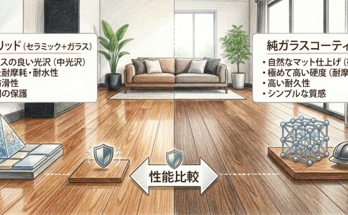 リビングのフローリングにセラミックガラスコーティングとガラスコーティングを並べて比較している様子