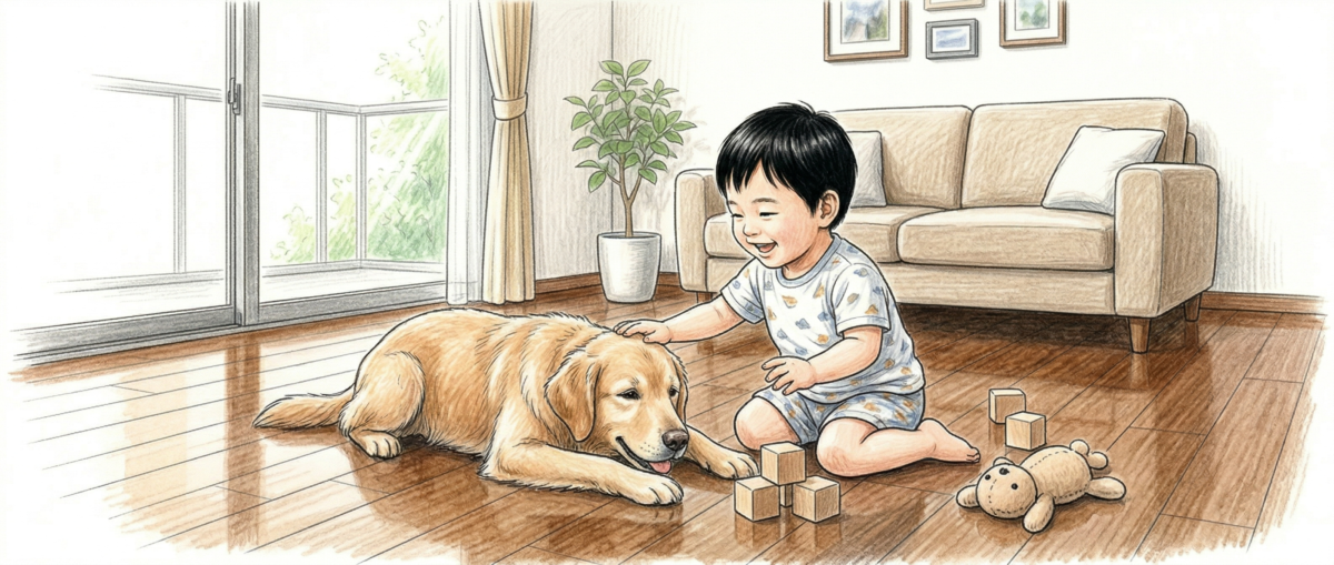 子どもとペットが安全なフロアコーティングの床で遊ぶイメージ