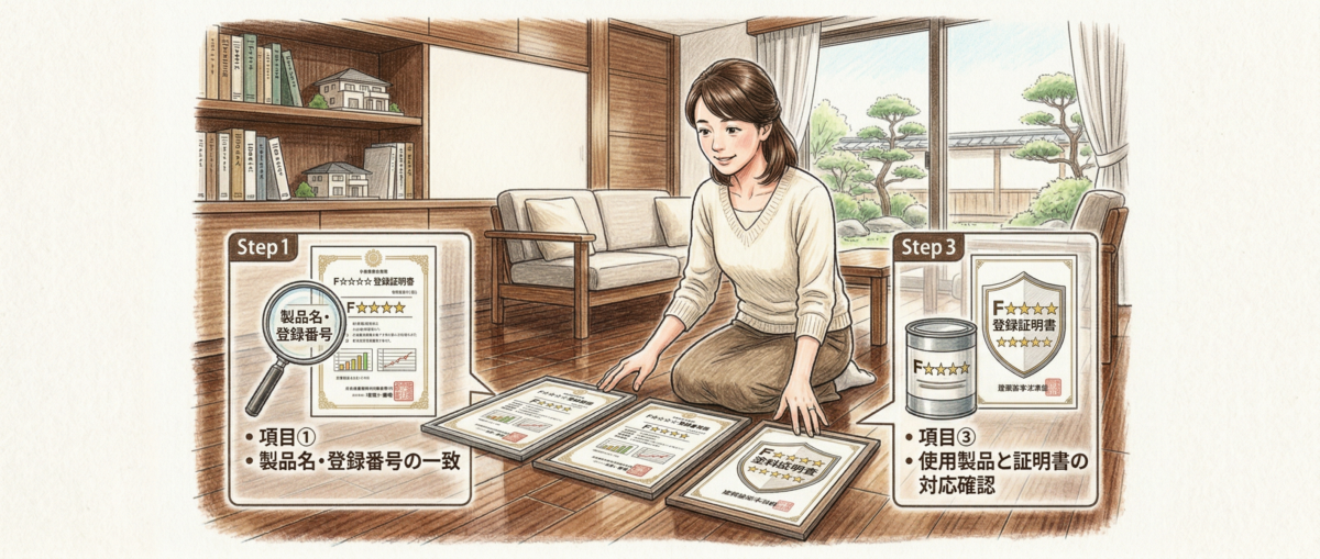 F☆☆☆☆登録証明書の製品名・登録番号・発行元の3つの確認ポイントを示したフロアコーティングの解説図