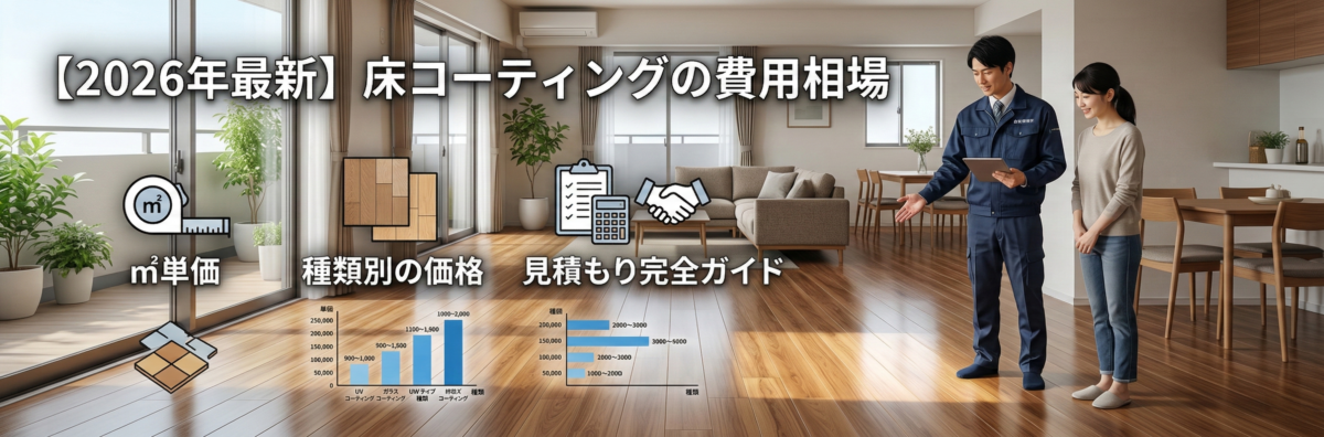 日差しの差し込むリビングでフロアコーティングの費用相場について説明する専門スタッフと女性のイラスト