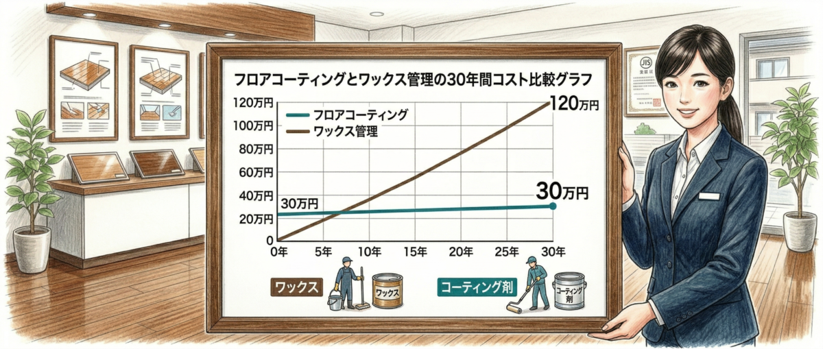 フロアコーティングとワックス管理の30年間コスト比較グラフ。コーティングは30万円、ワックス管理は120万円。