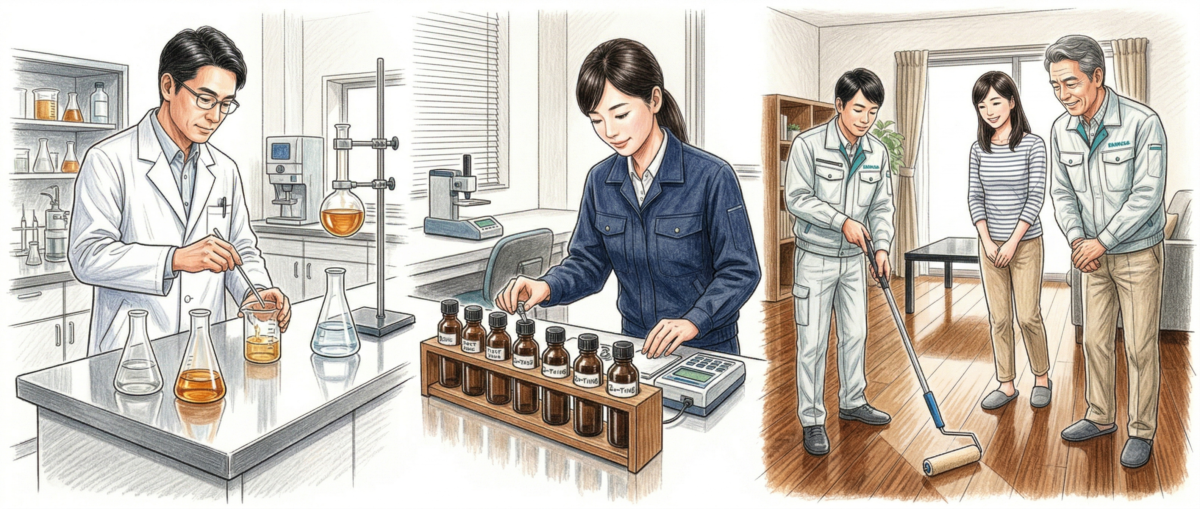 フロアコートプロの自社開発コーティング液剤と施工道具