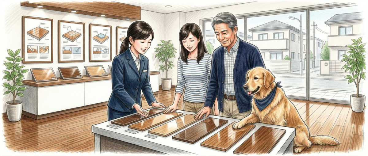 東京練馬のフロアコートプロショールームでコーティングサンプルを体感している様子