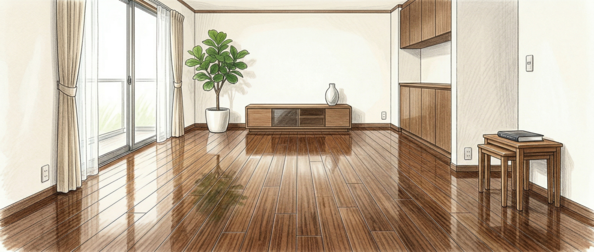 コーティング済みのフローリングをモップで水拭きしている様子。フロアコーティング専門店が推奨する簡単メンテナンス