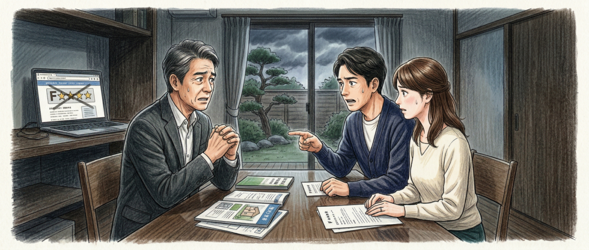 フロアコーティング業者が提示したF☆☆☆☆証明書と実際の施工製品名が一致しない事例を示す図