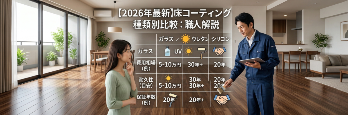 日差しの差し込む広いリビングで、タブレットを見ながら種類別の費用・耐久性・保証年数を解説する専門の職人と、説明を聞く女性の3Dイラスト。床面には「床コーティング 種類別比較：職人解説」の文字と illustrative 比較データ表。