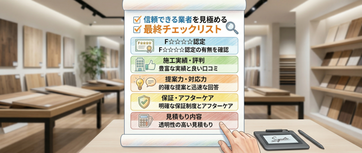 フロアコーティング業者選びの最終チェックリスト6項目をまとめた確認表のイメージ図