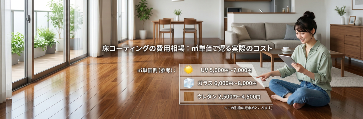 日差しの差し込む広いリビングで、タブレットを見ながら㎡単価を確認する女性と、美しいツヤのフローリングの3Dイラスト。床面には「床コーティングの費用相場：㎡単価で見る実際のコスト」の文字と illustrative ㎡単価例。