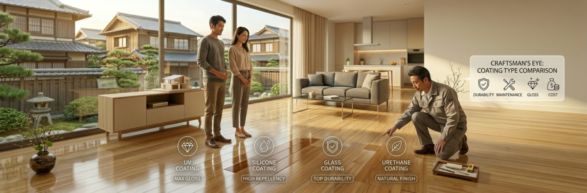 新築のリビングで、ベテラン職人がフロアコーティングの種類(UV、ガラス、シリコンなど)による仕上がりの違いと耐久性の特徴を、日本人のご夫婦に解説している写実的な3Dパース画像