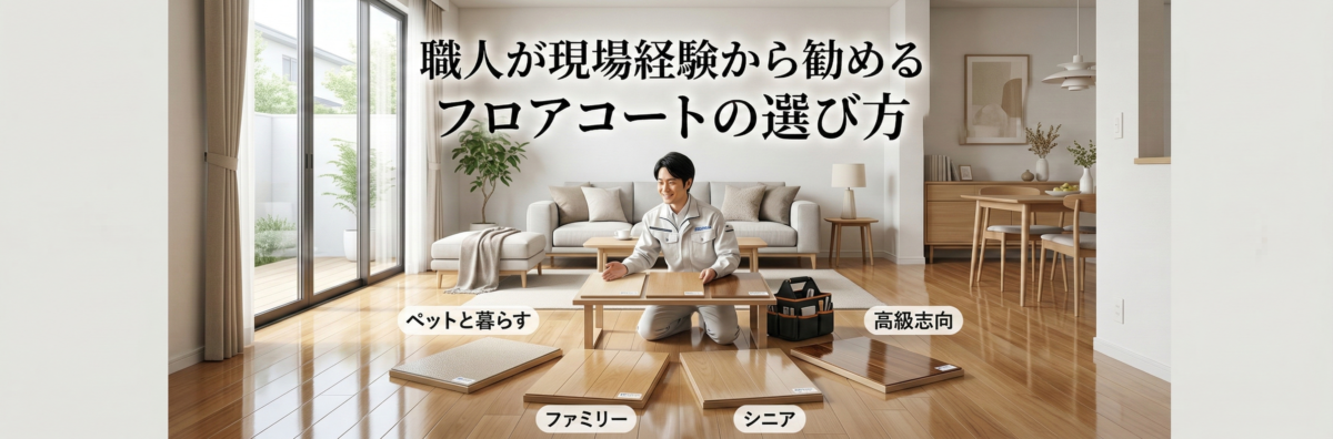 職人がリビングでライフスタイルに合わせたフロアコーティングの選び方を解説している様子