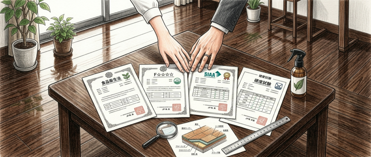 フロアコーティングで確認すべき4種のエビデンス比較（食品衛生法・F☆☆☆☆・SIAA・硬度試験）