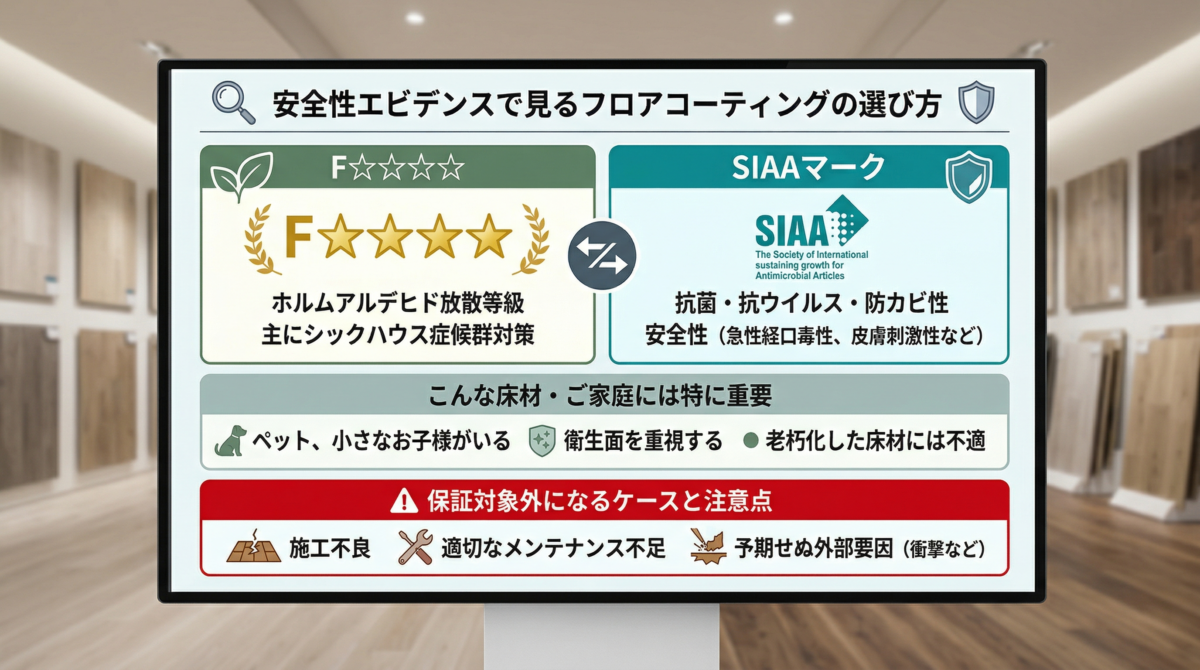 フロアコーティングの安全性証明F☆☆☆☆と機能性証明SIAAマークの違いを示す比較インフォグラフィック