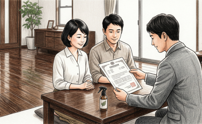 フロアコーティングの食品衛生法規格試験成績書を確認するフローリング施工の様子