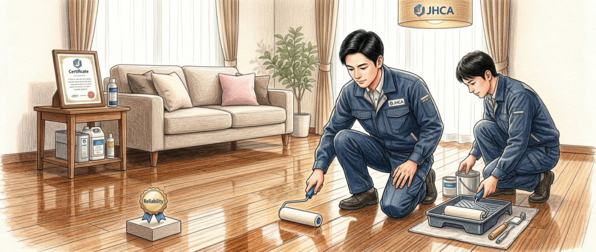 日本ハウスコーティング協会JHCA加盟店のフロアコーティング施工の様子