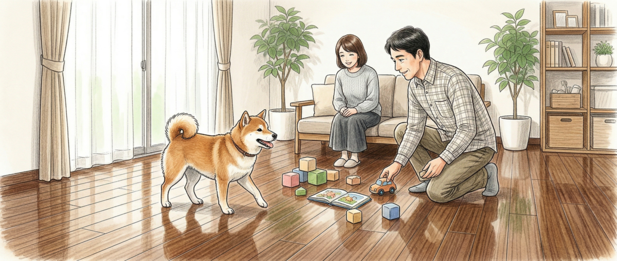 犬と子供がいる家庭のフローリングにフロアコーティングを施工した様子