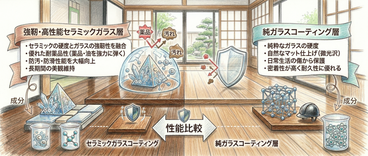 フロアコーティングの硬度試験結果を示す資料とセラミックガラスコーティングの比較表