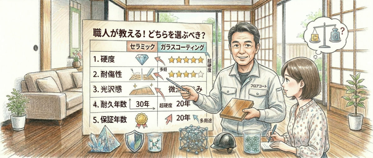 フロアコーティングの施工前に職人が既存ワックスを除去している様子と保証書のイメージ