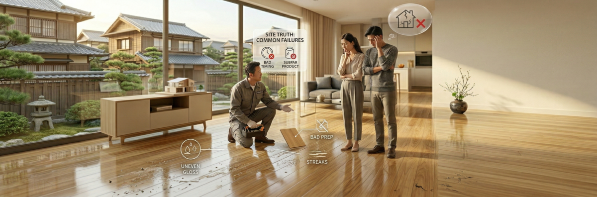 新築のリビングで、フロアコーティング専門のプロが仕上がりの悪い床を指し示し、タブレットに表示されたデータと顕微鏡画像で、失敗しやすいポイントや業者の本音を日本人のご夫婦に解説している写実的な3Dパース画像