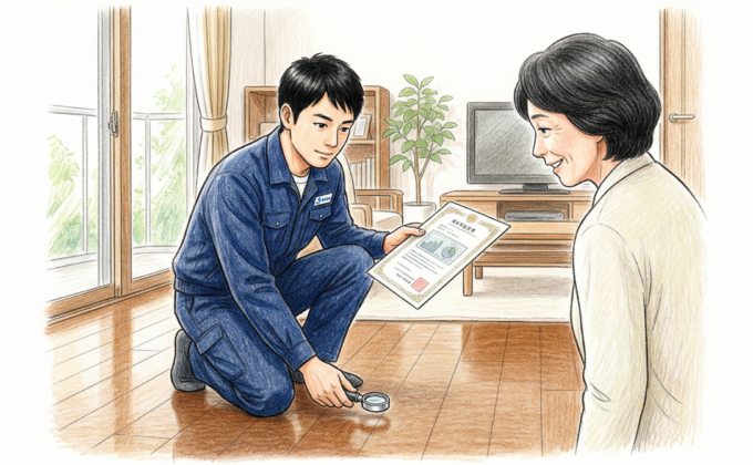 フロアコーティングの安全性を確認する職人のイメージ