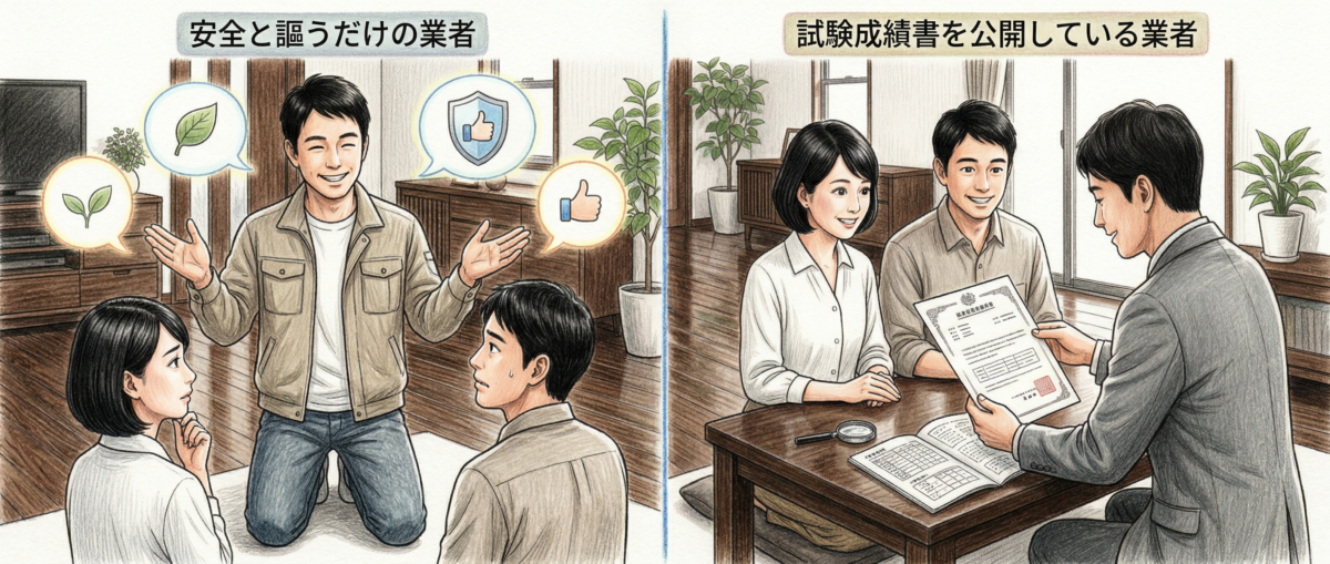 複数のフロアコーティング業者の案内と試験成績書を並べて比較している様子