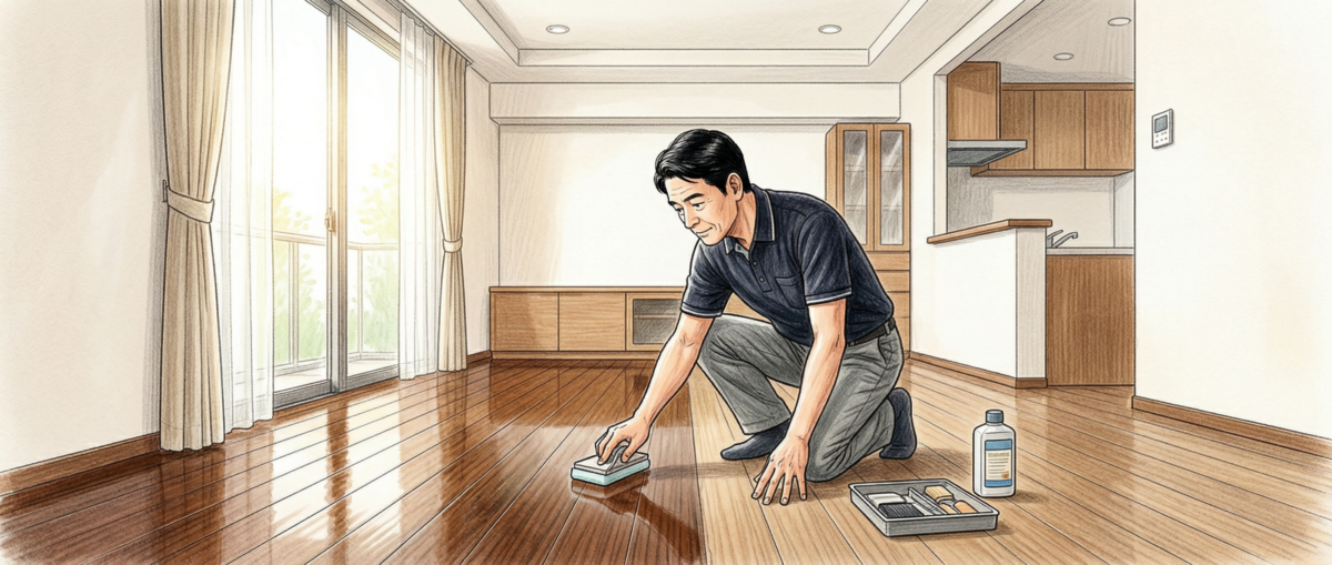 UV・ガラス・ウレタンなどフロアコーティングの種類をフロアコーティング専門店が比較説明している様子