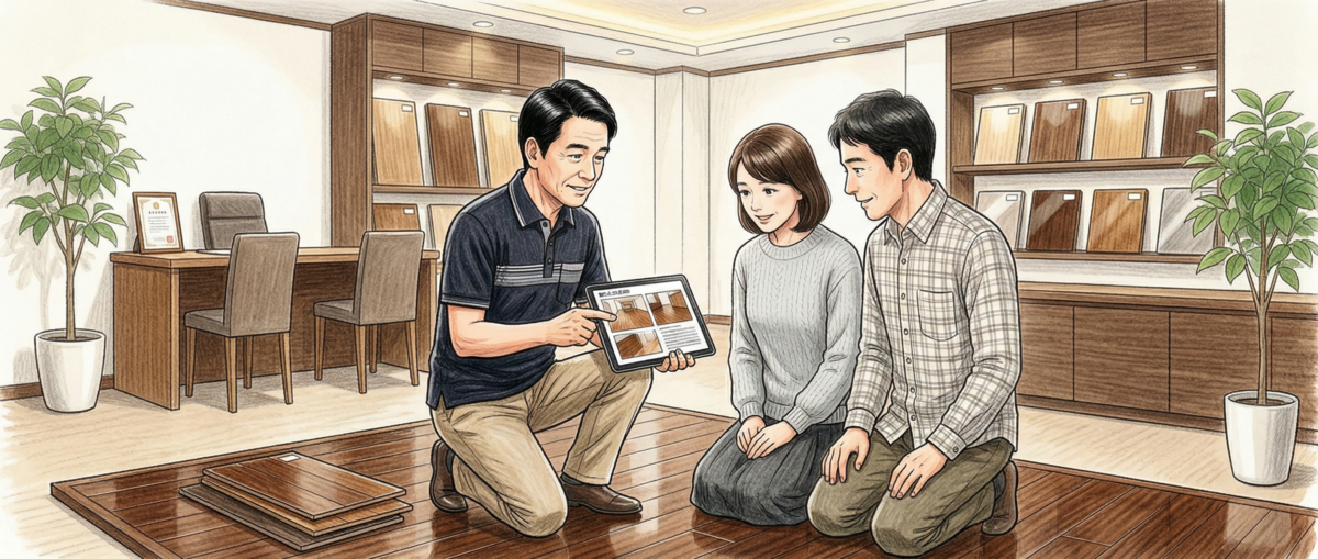 フロアコーティング専門店の担当者が施工実績をお客様に説明している様子