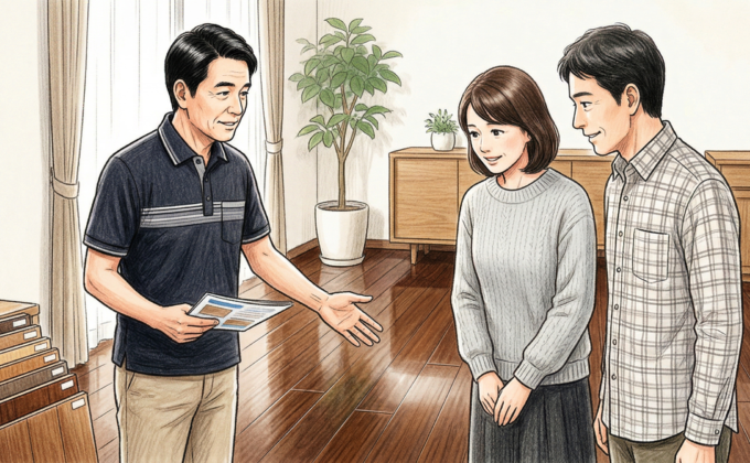 新築フローリングにフロアコーティングを施工するフロアコーティング専門店の職人の様子