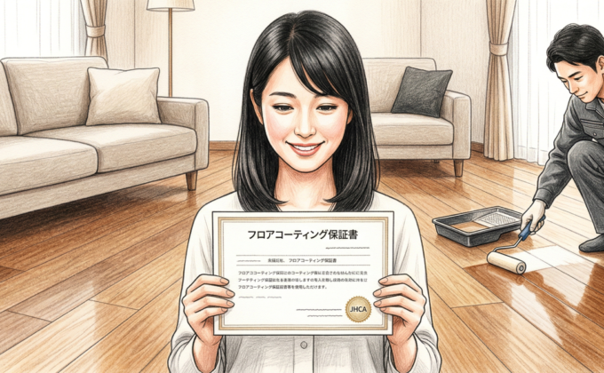 フロアコーティングの保証書とJHCA加盟店のイメージ
