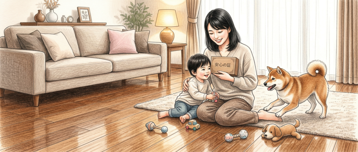 フロアコーティングの期間保証・内容保証・施工業者保証の3種類を示すイメージ