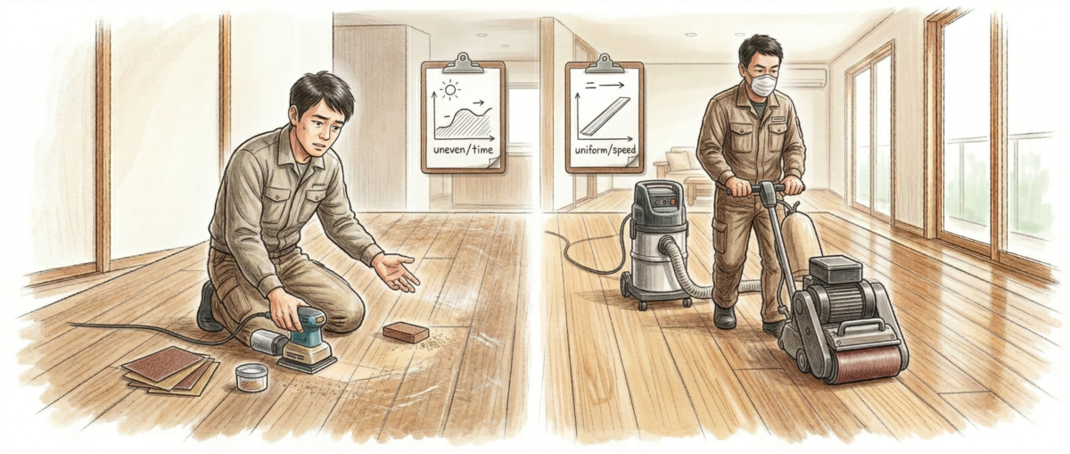 フロアサンディングのDIY施工とプロ業者施工を比較した仕上がりイメージ