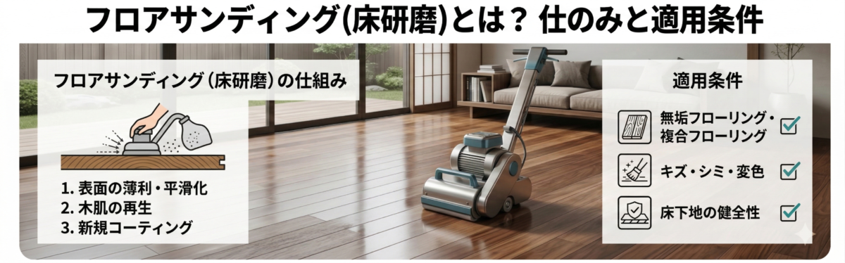 高級感のある建築パース風イラスト。フロアサンディング(床研磨)とは?その仕組みと適用条件について、美しいツヤを強調した洗練されたトーンで解説しています。