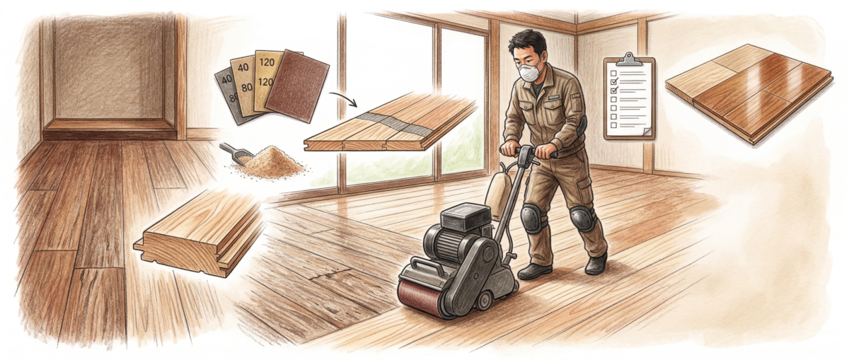 無垢床のフロアサンディング（床研磨）施工前後の状態を比較した様子