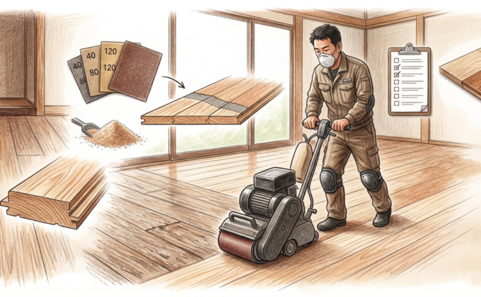 無垢床のフロアサンディング（床研磨）施工前後の状態を比較した様子