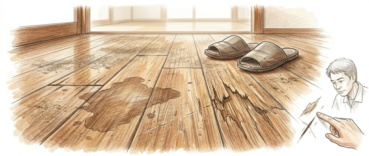 無垢フローリングの傷やくすみが蓄積した状態を示すフロアサンディングが必要なサイン