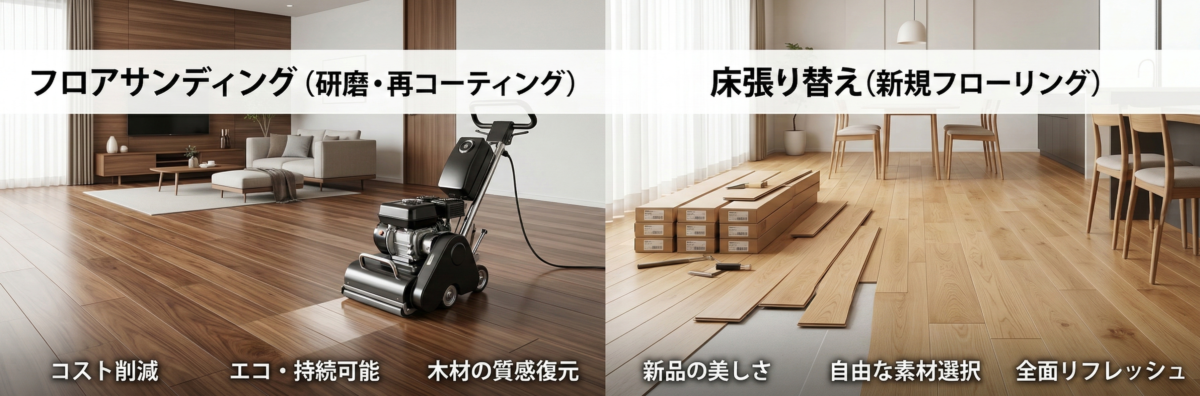 高級感のある建築パース風イラスト。フロアサンディングと床張り替えを徹底比較。費用・メリット・デメリットを解説。フロアコートプロの施工品質をアピール。