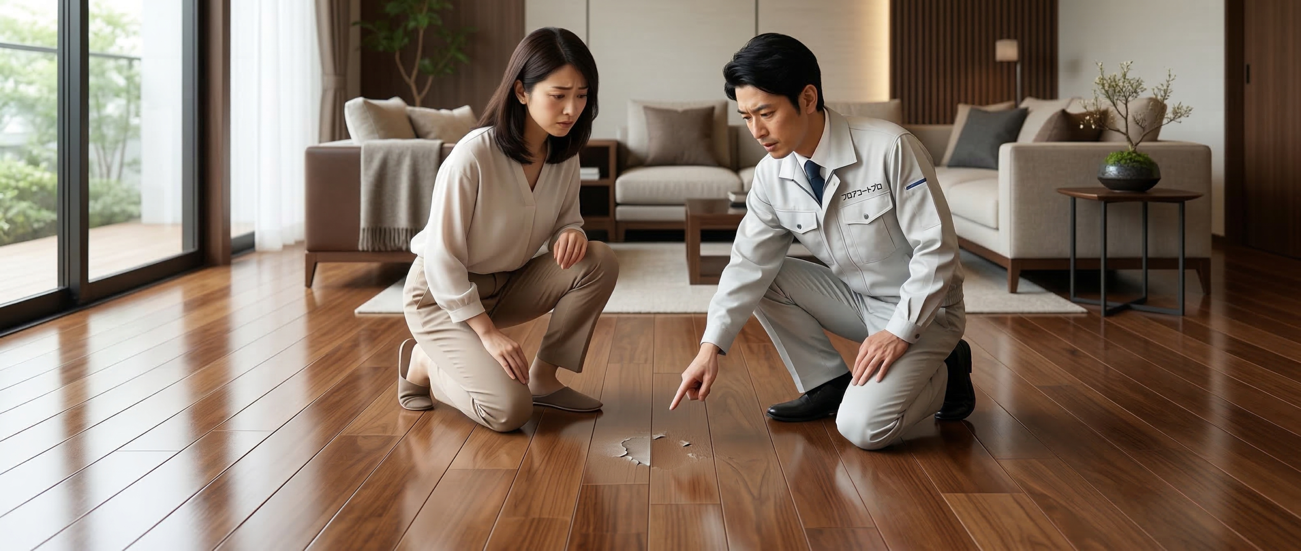 ツヤのある上質なブラウンのフローリングをプロの業者が丁寧に点検し、コーティングの剥がれや失敗を防ぐための注意点を説明している様子