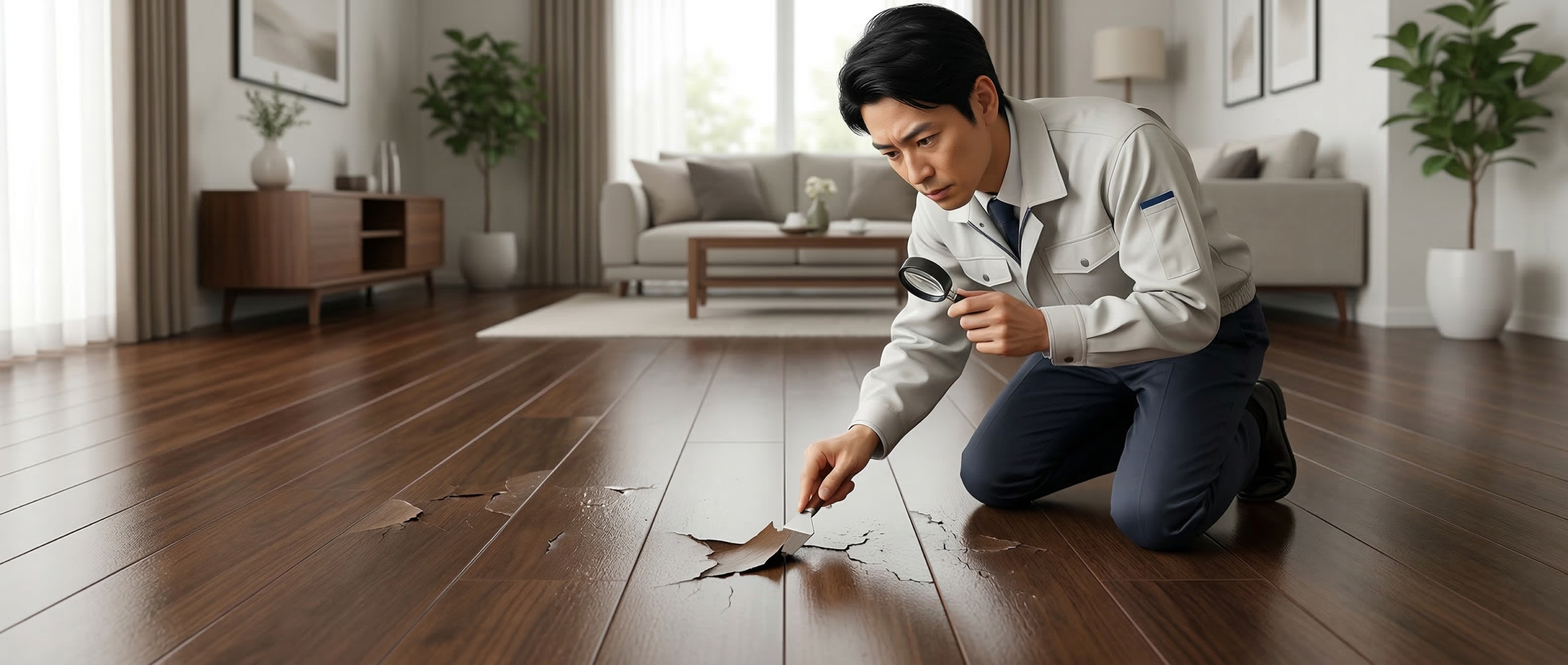 高級感のある住宅のフローリングで、一部のコーティングが剥がれ始め、職人が原因を調査している様子