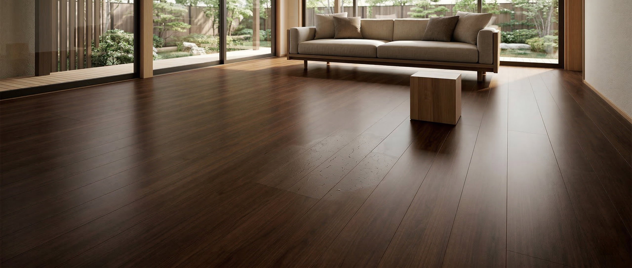 高級感のある日本の住宅で、フローリングコーティングのデメリットを示すため、一部に剥がれや曇りがある床をクローズアップ。