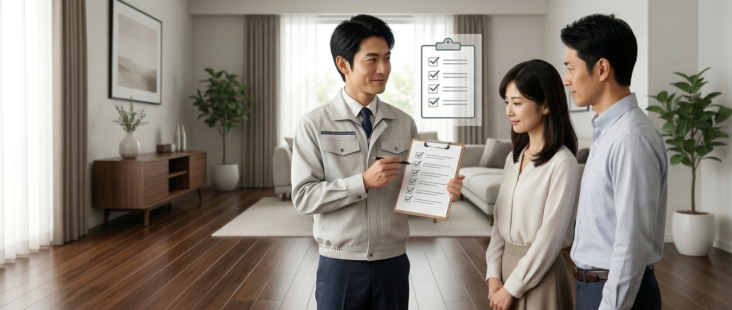高級感のある日本の住宅で、フローリングコーティングのプロ職人が、信頼できる業者の見極め方を示すチェックリストを施主に笑顔で手渡している様子。