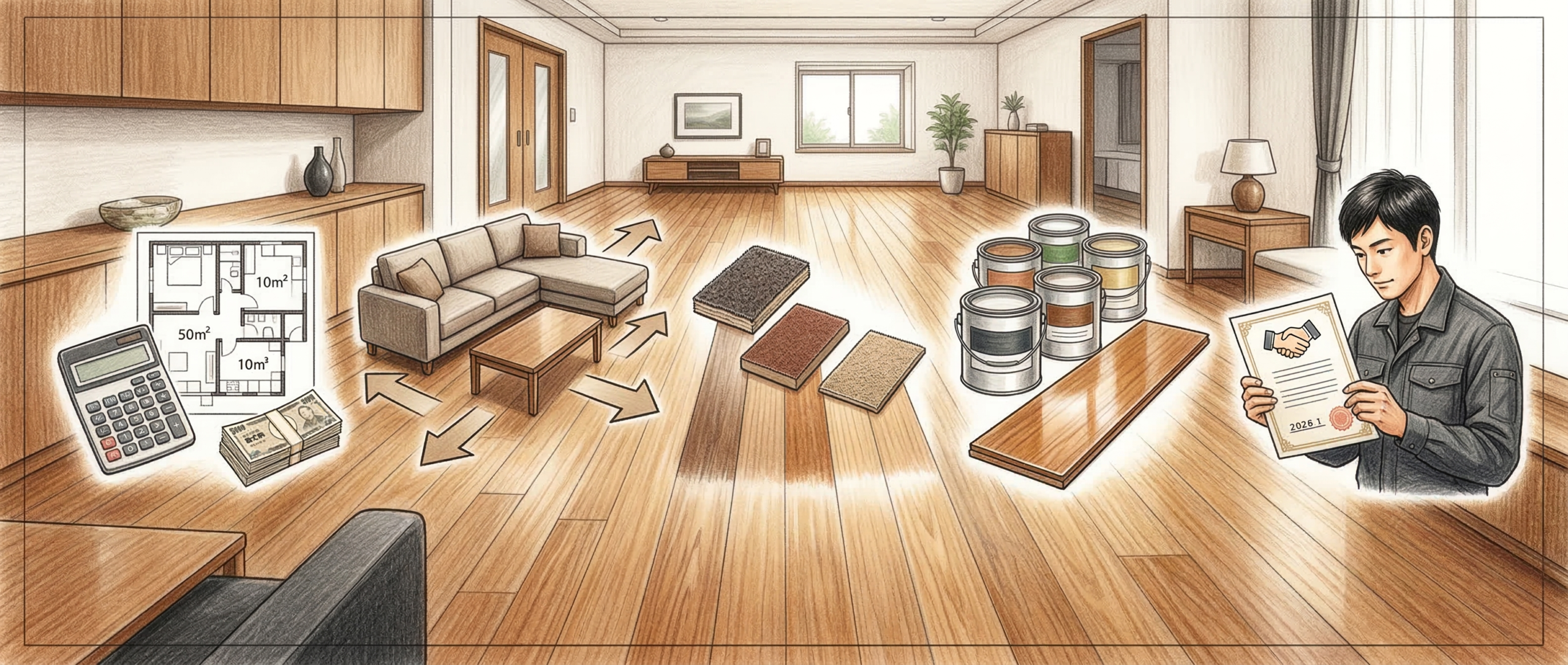 日本の住宅リビングで、フロアサンディングの見積もり確認ポイントをイメージした画像。電卓、間取り図、家具の移動、研磨工程、コーティング剤、保証書などが並ぶ様子。