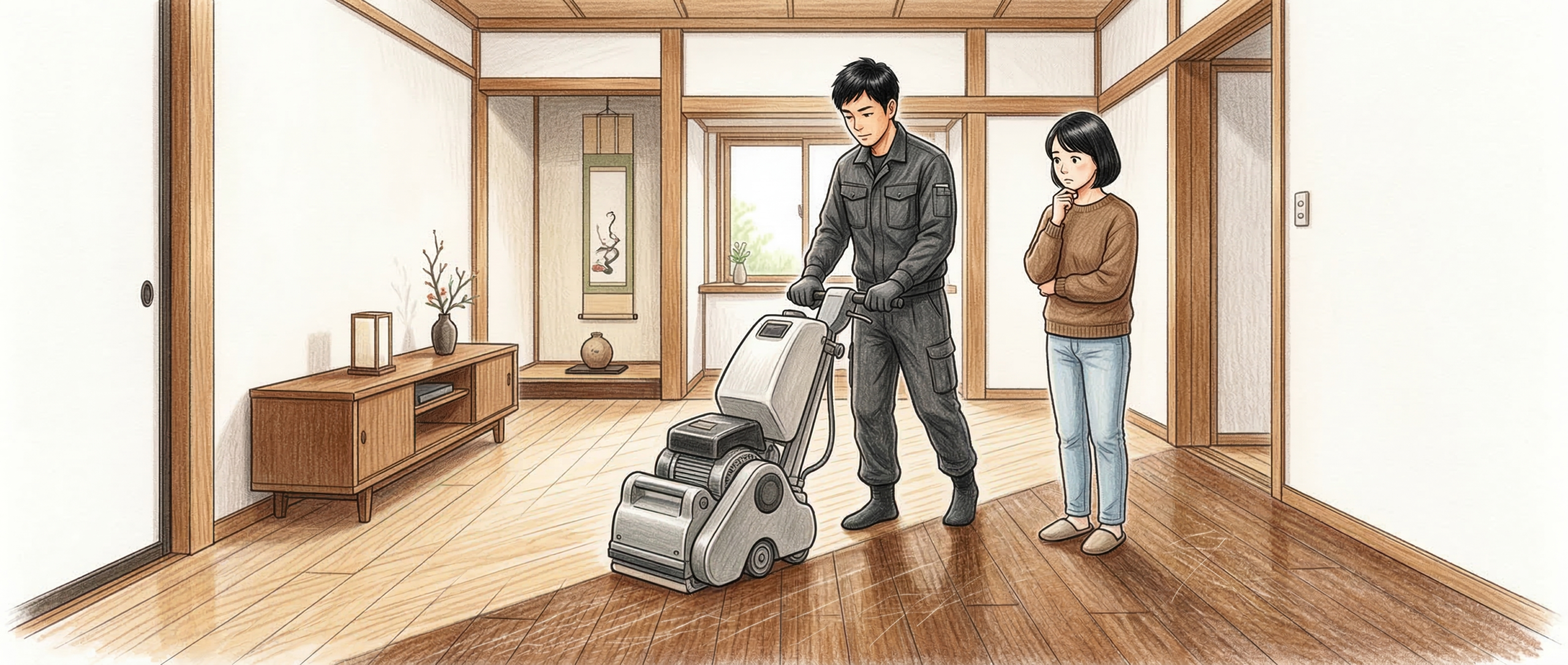 日本の施工現場のリビングで、大型の床研磨機械を操作するスタッフを興味深そうに、しかし疑問を抱きながら見つめる顧客。フロアサンディングの意味を理解しようとする情景。