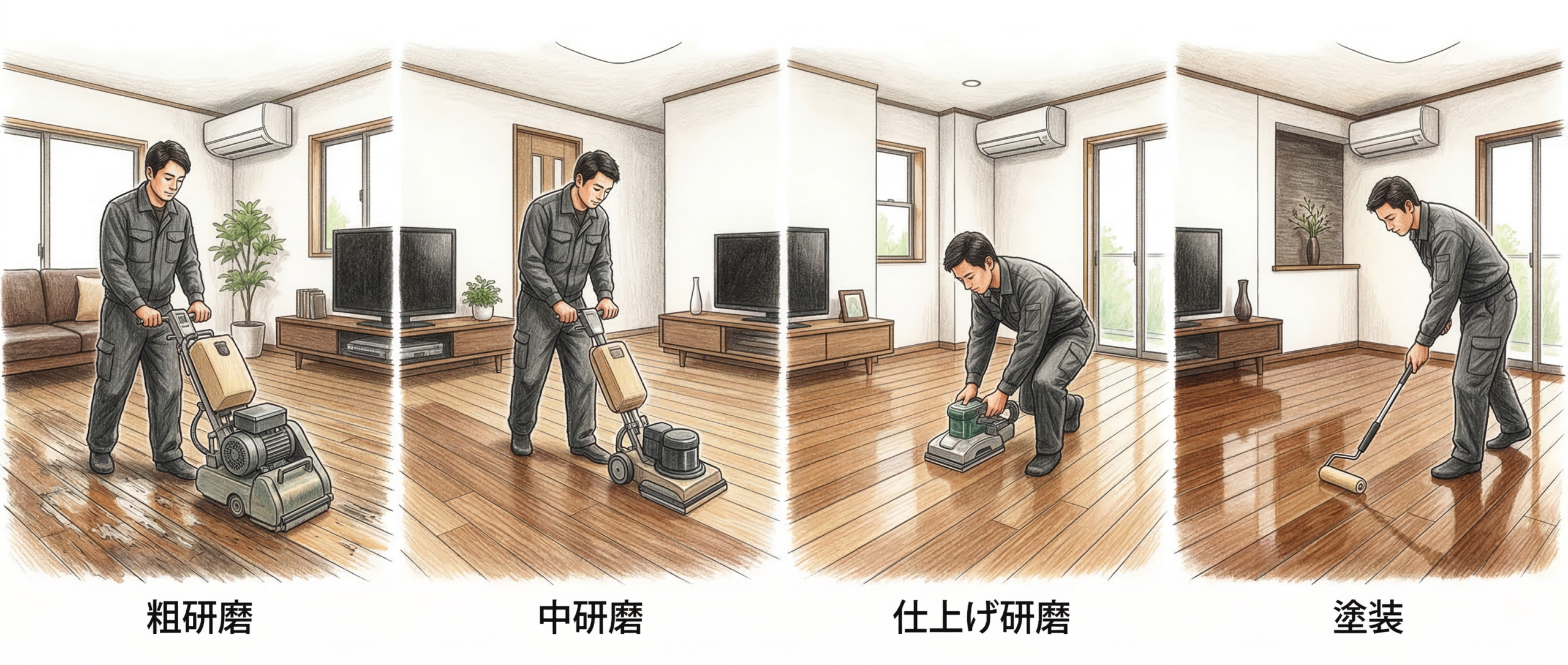日本の住宅リビングで、フロアコートプロの職人が床研磨の粗研磨、中研磨、仕上げ研磨、そして塗装の4工程を順に実演する様子。施工の全流れをイメージした画像。